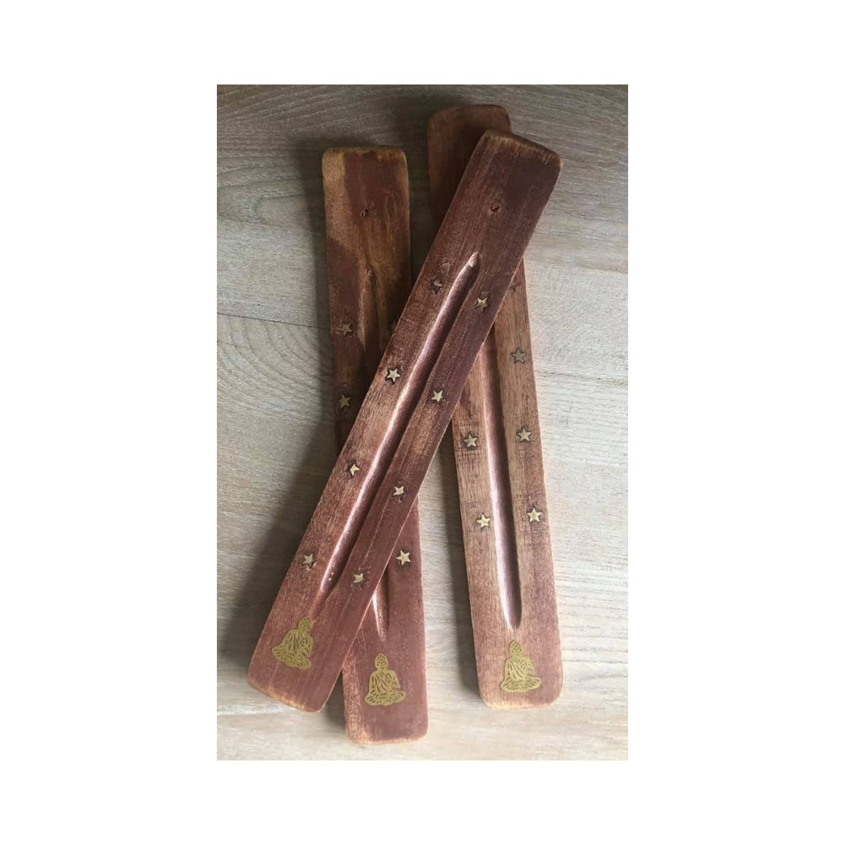 Brûle encens en bois - décoration étoiles et boudha